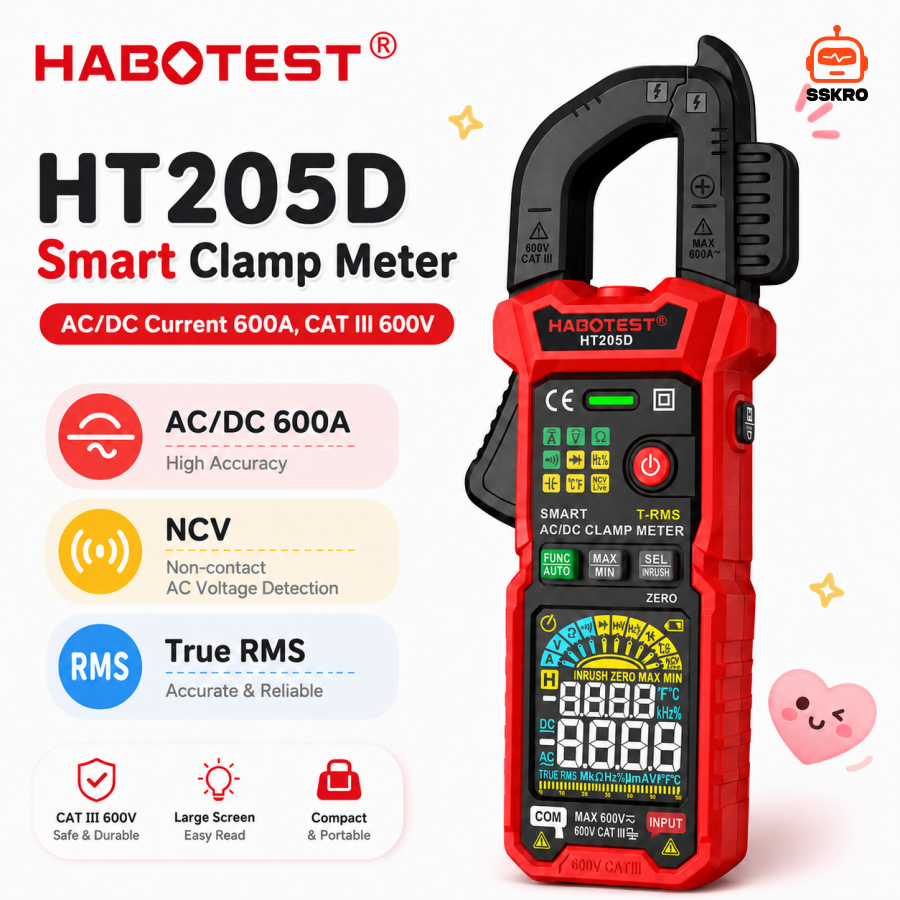 HABOTEST HT205D ดิจิตอลแคลมป์มิเตอร์ 600A AC/DC วัดแรงดันไฟฟ้า 600V True RMS