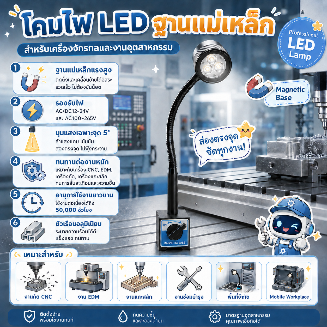 โคมไฟ LED ฐานแม่เหล็ก สำหรับเครื่องจักรกลและงานอุตสาหกรรม