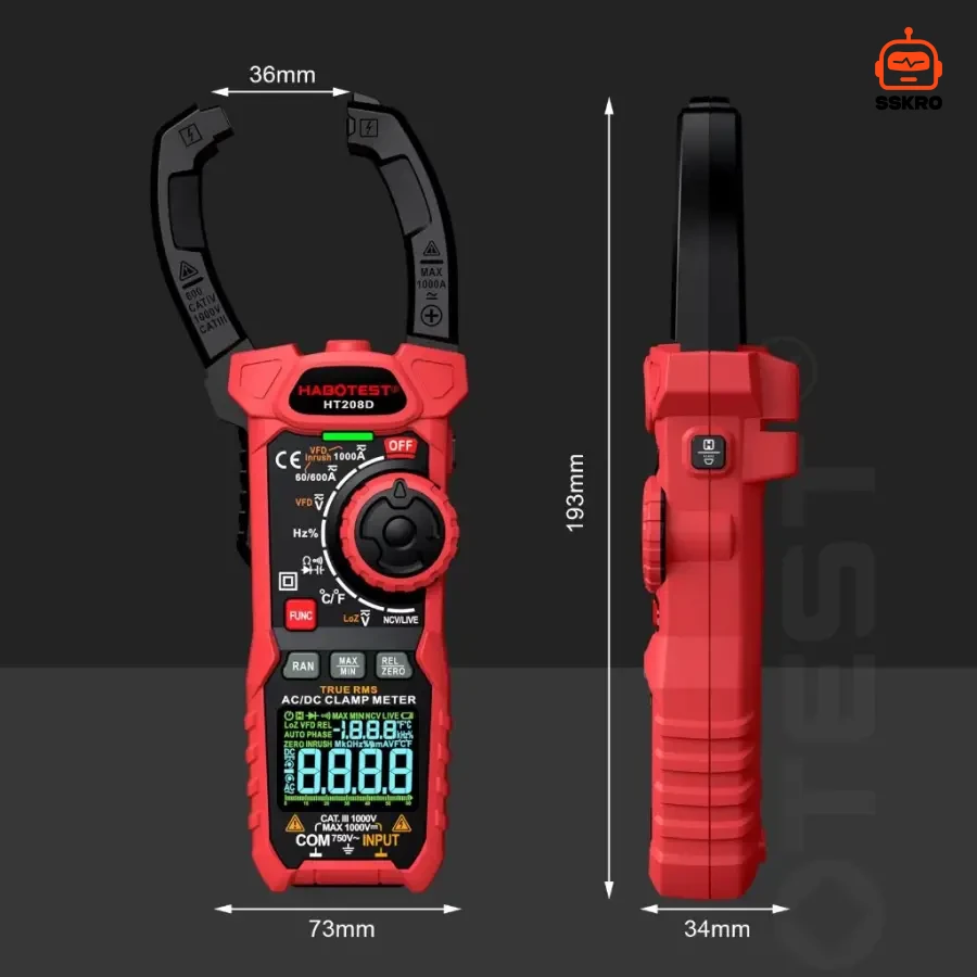 HABOTEST HT208D ดิจิตอลแคลมป์มิเตอร์ 1000A AC/DC มัลติมิเตอร์วัดแอมป์ True RMS รุ่น/รหัส HT208D รูปที่ 2