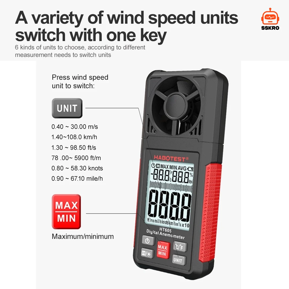 HABOTEST HT605 เครื่องวัดความเร็วลมดิจิทัลขนาดพกพา (Digital Anemometer) รุ่น/รหัส HT605 รูปที่ 7